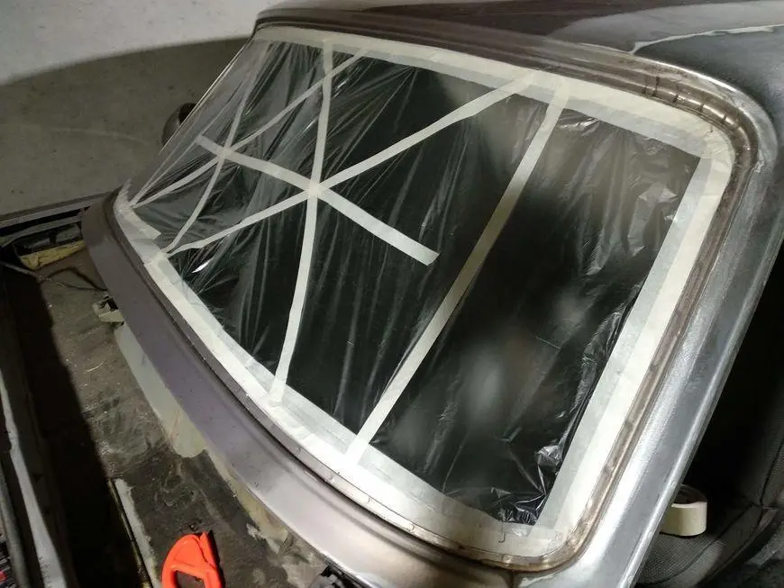 View of the windshield opening with stretched film
