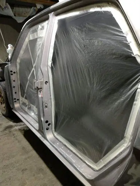 View of the rear door opening with stretched film - rear view